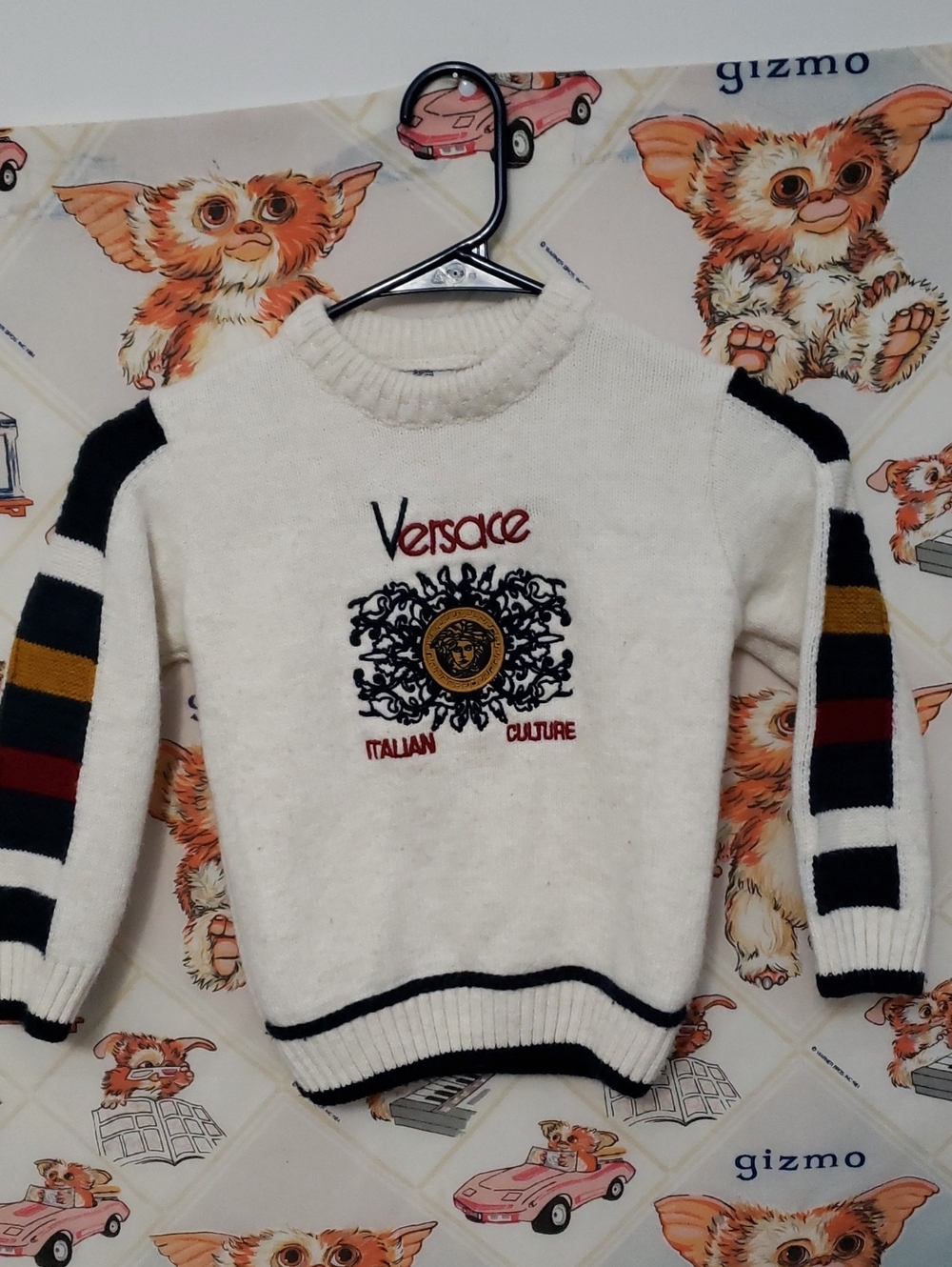 Childs Versace White Crewneck Sweater with Embroidered Crest